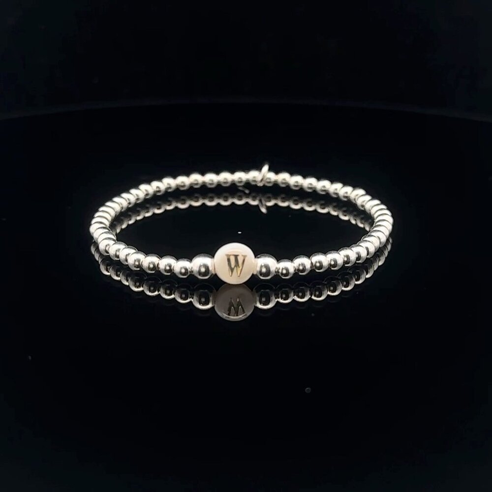 925 Sterling Silver Beaded Stretch Stacking Bracelet MOP Letter Initial W